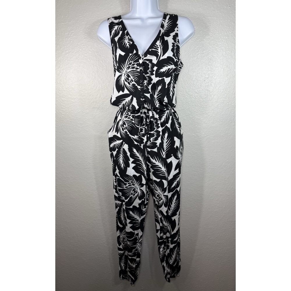 Gap Black White Hawaiian Tropical Floral Sleeveless Jumpsuit Pants Romper XS